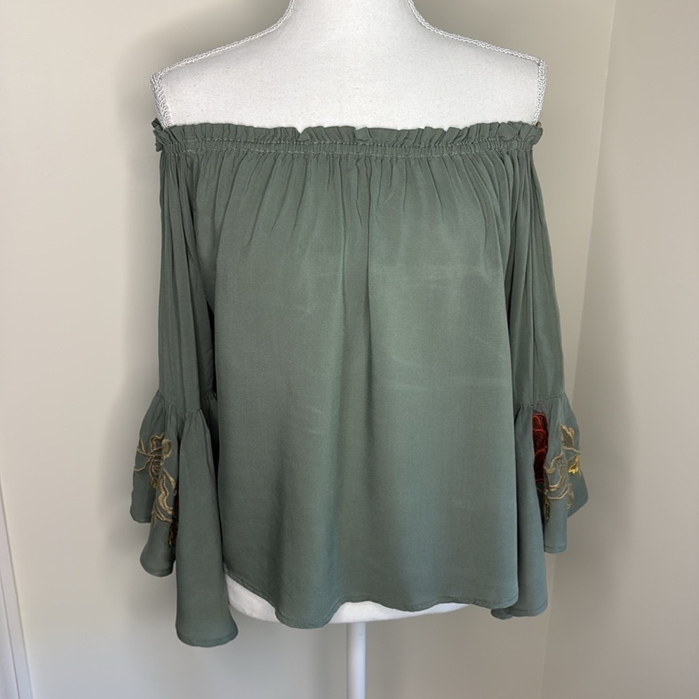 Iris Sage Green Smocked Top with Appliqué Embroidered Bell Sleeves. Rayon. Small - Picture 2 of 10